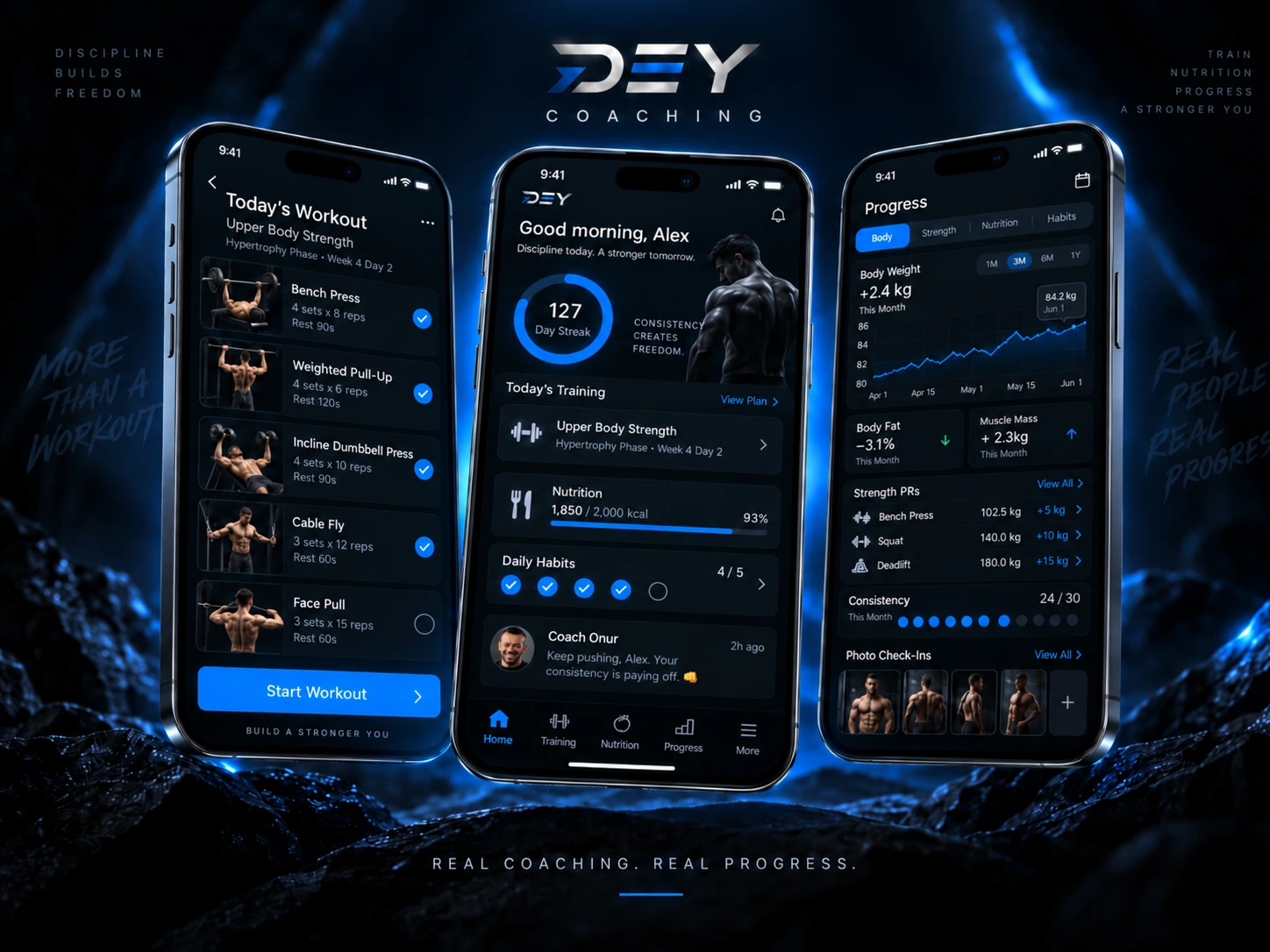 DEY Coaching online coaching app shown across three phones