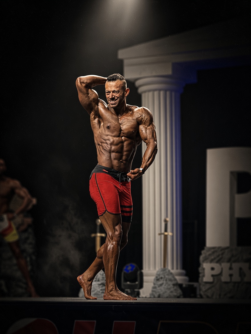 Onur Deyirmenci posing on a men's physique competition stage
